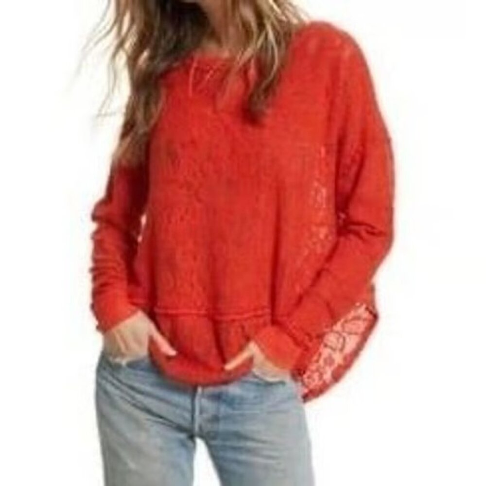 Free People Orange Red Floral Eyelet Not Cold In This Top